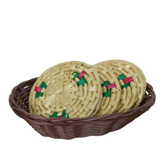 Set of 6 Woven Drink‎ Coasters - Wicker Rattan / Bohemian (+ Basket) - Picture 1 of 8